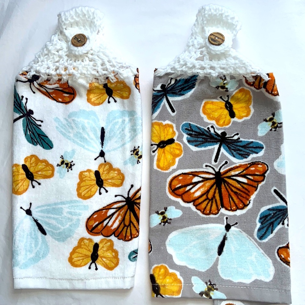 Hand Crafted Crocheted Top Butterflies Hanging Kitchen or Bathroom Hand Towels - Picture 2 of 7